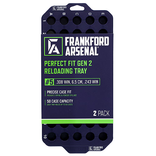 Maximise reloading efficiency with Frankford Arsenal's Perfect Fit Gen 2 Reloading Trays, securely holding 50 cases for precise fit and easy organization.